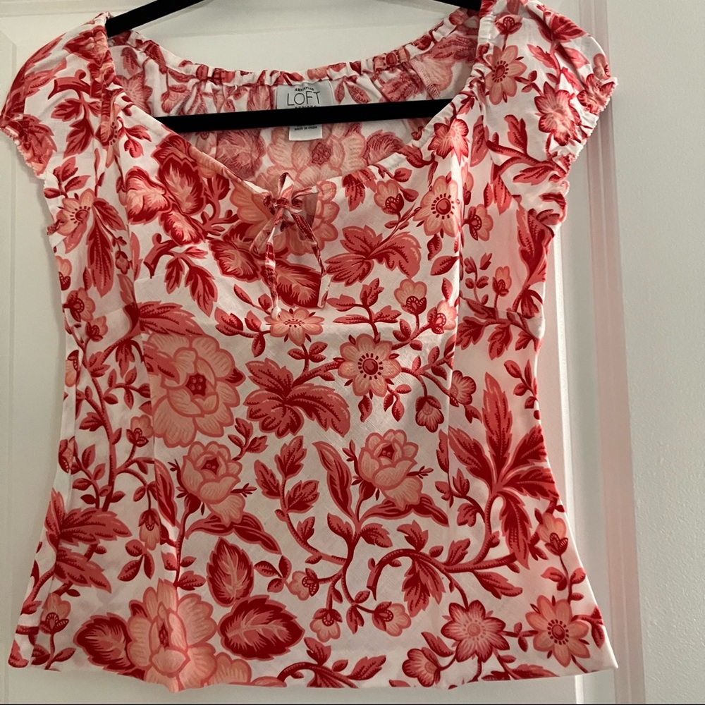 ANN TAYLOR LOFT PETITES | red white 100% linen blouse | size 2P